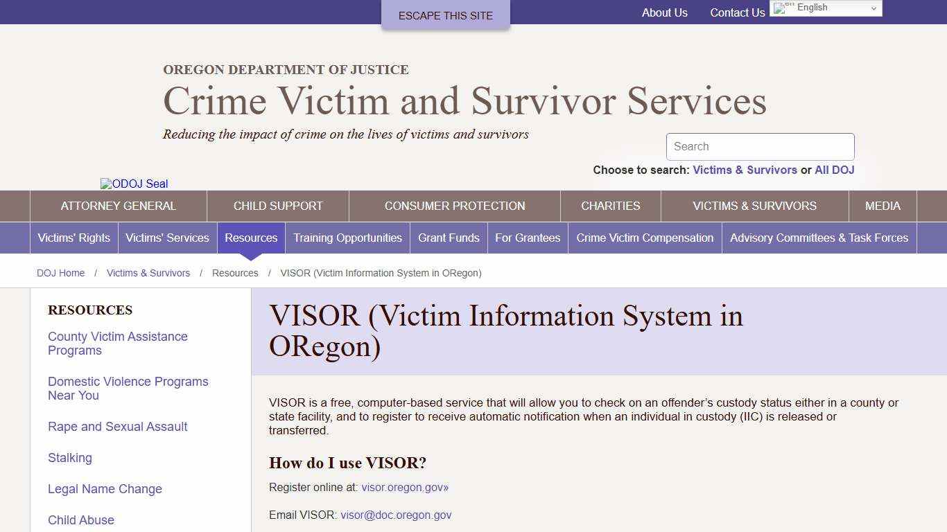 VISOR (Victim Information System in ORegon) - Oregon Department of Justice : Crime Victim and Survivor Services