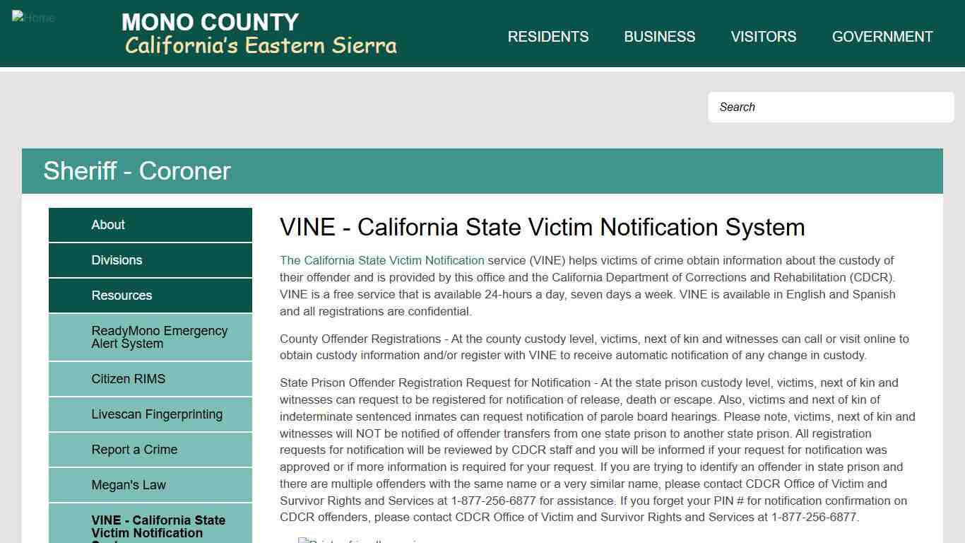 VINE - California State Victim Notification System | Mono County California